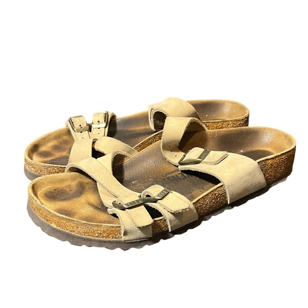 Birkenstock Franca Sandals Womens 38 Tan Beige Suede Strappy Cork Slide